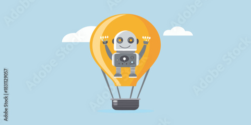 Robot character inside a light bulb shaped hot air balloon flying in the sky