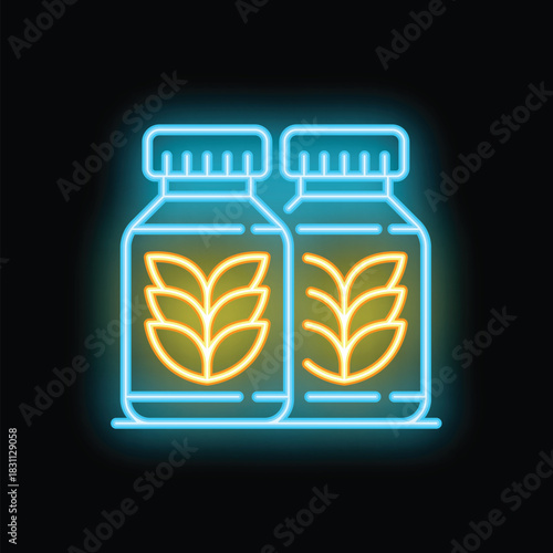 Neon glowing icon of two sport nutrition supplements with wheat germ representing vegan protein shake