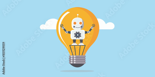 Robot inside a lightbulb representing a bright idea or innovation