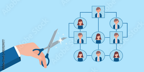 Hand cutting organizational chart with scissors symbolizing restructuring