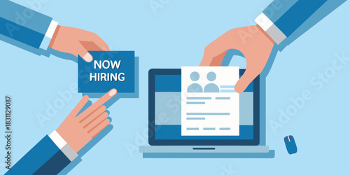 Hands holding now hiring sign and resume over laptop