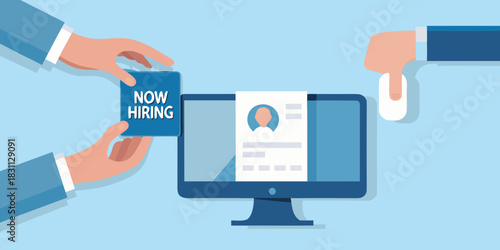 Recruitment process with now hiring sign and computer resume