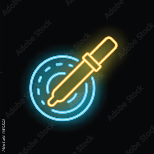 Neon icon of pipette dropping essential oil into water, representing aromatherapy treatment or medical procedure