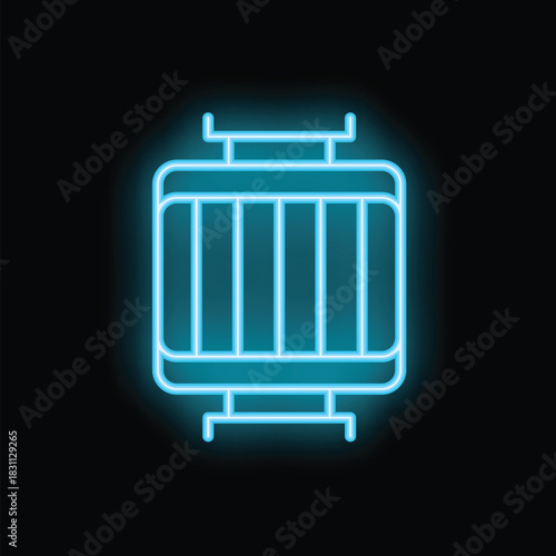 Blue neon icon of a tramway cabin glowing on black background