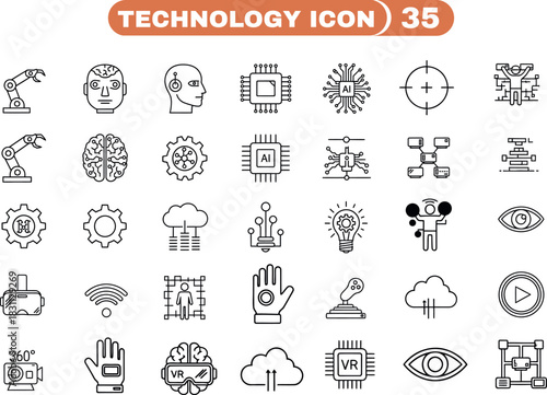 Collection of technology icons in doodle style for digital designs