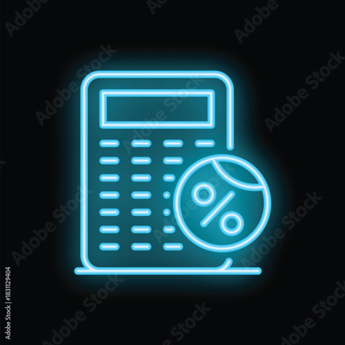 Bright glowing blue neon calculator icon with a percentage sign, representing financial calculations and accounting processes