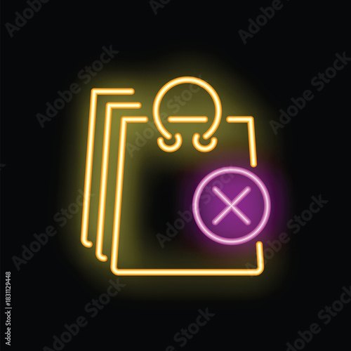 Neon sign representing a clipboard with documents and a rejected symbol, ideal for topics like bureaucracy, administration, or business