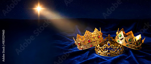  Three Golden Crowns on Draped Blue Velvet Fabric with Copy Space, Night Sky Background with Glowing Star