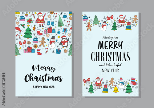 Merry Christmas set. Colourful greeting card with cartoon ornaments. Vector illustration