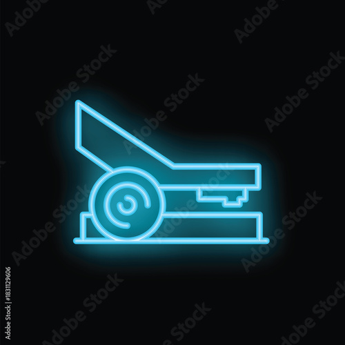 Blue neon icon of a stapler glowing against a black background