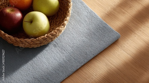 Fototapeta Naklejka Na Ścianę i Meble -  Healthy lifestyle concept with fresh fruits and yoga mat on wooden floor, cinematic lighting