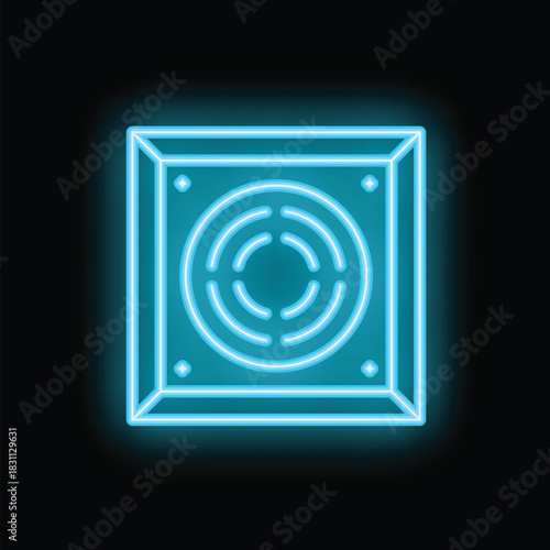 Glowing neon icon of a subwoofer audio speaker, radiating cool blue light against a dark background