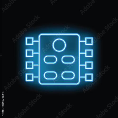 Glowing neon blue icon of a circuit board representing computer processing power