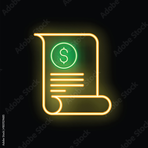 Neon financial document icon glowing, concept for online payment or digital invoice