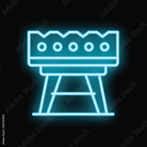 Bright blue neon barbecue grill icon glowing in the dark