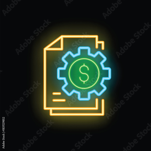 Bright neon icon of a financial document with a gear and dollar sign, representing a financial processing system