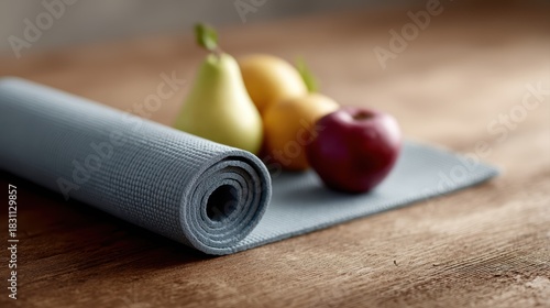 Fototapeta Naklejka Na Ścianę i Meble -  Healthy lifestyle concept with fresh fruits and yoga mat on wooden floor, high-resolution