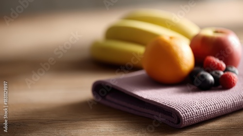 Fototapeta Naklejka Na Ścianę i Meble -  Healthy lifestyle concept with fresh fruits and yoga mat on wooden floor, high-resolution