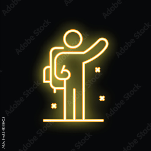 Neon sign of a backpacker hitchhiking with his thumb up