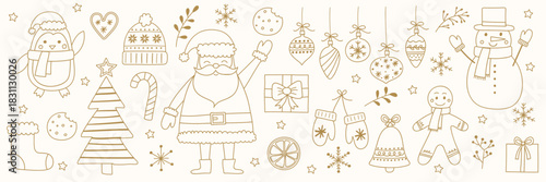 Collection of cartoon Christmas ornaments. Holiday icons: Santa Claus, snowman, cookie and tree. Vector illustration