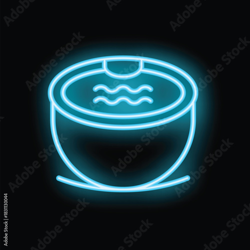Blue neon sign of a hot tub with steaming water glowing on a black background