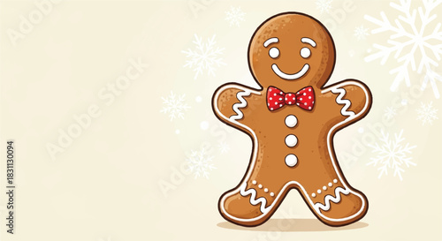 Festive Gingerbread Man Cookie with Bow Tie and Icing Details.