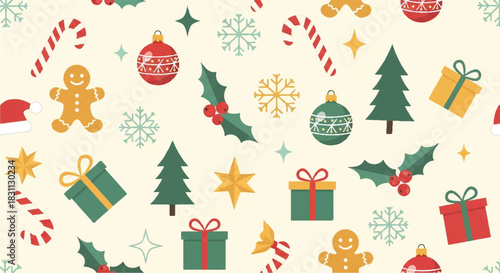 Festive Christmas Pattern with Gingerbread Man and Gifts.