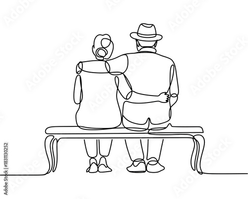 An elderly couple sits on a bench, embracing each other with a comforting arm around the shoulders.