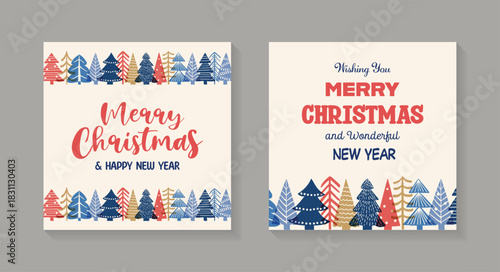 Colourful Christmas tree greeting card collection. Hand drawn decorations. Vector illustration