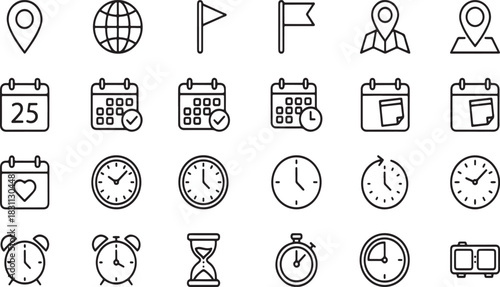  Date Time and Location Line IconsIcons for Maps, Calendars, and Clocks