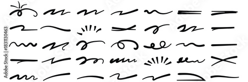 Line marker red underline set. Hand drawn red pen and brush stroke with underline accent, swoosh detail and squiggly sketch mark. vector set. Red squiggle brush scribble underline. Marker pen emphasis