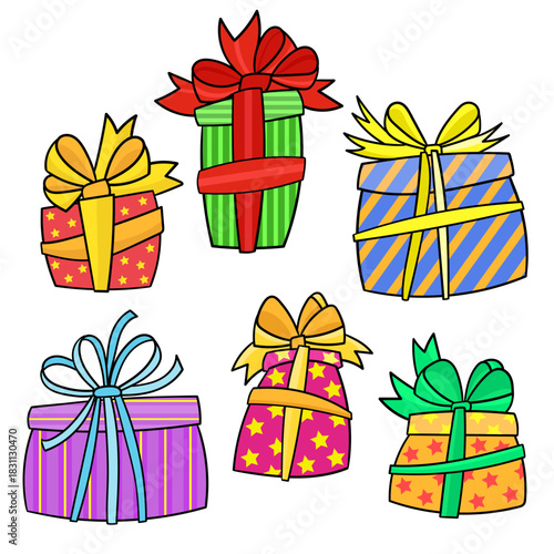 A set of beautiful gift boxes with bows and ribbons. Festive gift boxes with decorations. For the design of Christmas, New Year, and greeting cards. Vector illustration