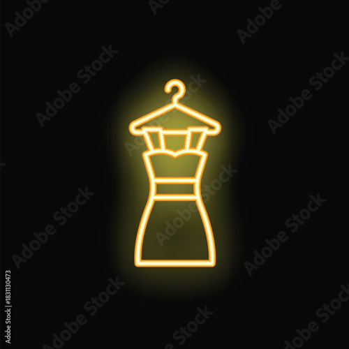Yellow neon sign representing a cocktail dress hanging on a hanger, on a black background