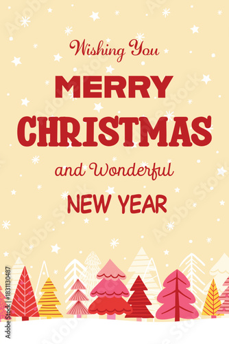 Cute greeting card with cartoon Christmas trees. Vector illustration