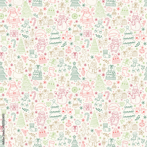 Christmas seamless pattern. Cute holiday background with cartoon ornaments. Vector illustration