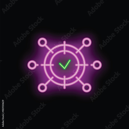 Neon icon of target marketing showing check mark symbol, concept of successful marketing campaign