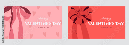 Template for a discount banner for social media on Valentine's Day. Festive design with a gift bow, hearts, a red and pink color palette, and text. Vector illustration.