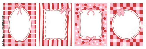 Cute ribbon card templates set with hand-drawn frames, gingham, stripes and dot patterns. Decorative designs for Valentine’s Day, weddings, scrapbooking and holidays design.