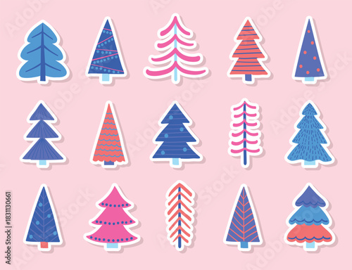 Abstract Christmas tree stickers collection. X-Mas doodle ornaments. Vector illustration