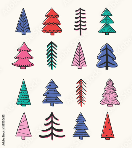 Collection of a hand drawn Christmas tree icons. Holiday decorations. Vector illustration