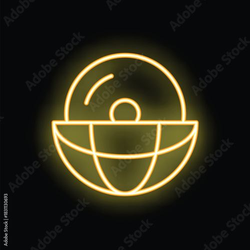 Yellow glowing neon icon of a cd over planet earth representing digital music streaming and global access to songs