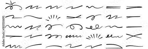 Vector swoosh brush underline set for accent, marker emphasis squiggle element. Vector stock illustration. Red underline doodle pencil hand drawn elements set. Grunge line ellipses, Line pen brush eps