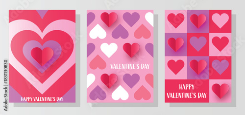 Collection of abstract greeting cards with paper cut heart. Modern design for Valentine’s Day. Vector illustration