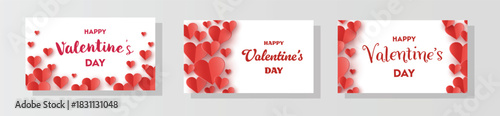 Collection of Happy Valentine’s Day greeting cards with flying paper cut hearts. Vector illustration