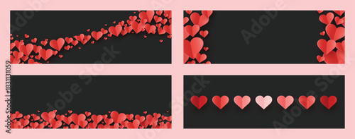 Set of backgrounds with flying paper cut hearts. Abstract banner for Valentine’s Day, Mother’s Day and Women’s Day. Vector illustration