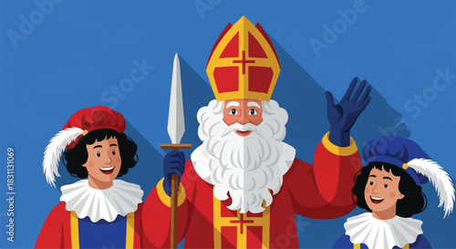 Saint Nicholas and his helpers celebrating a festive occasion.