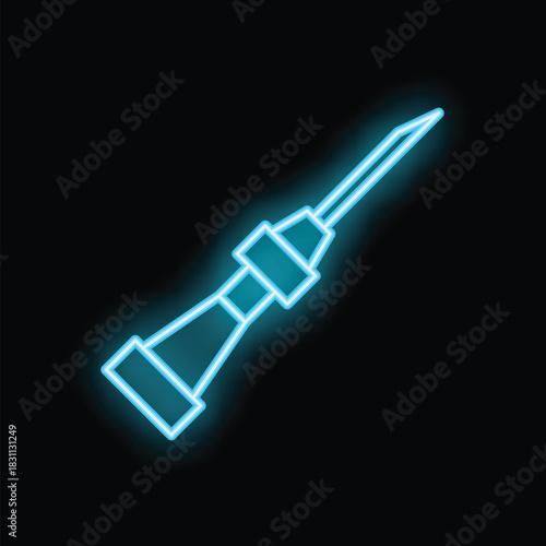 Blue neon icon of awl, professional hand tool for piercing holes, glowing on black background