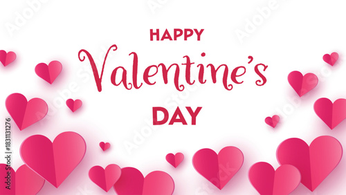 Happy Valentine’s Day greeting card with flying paper cut hearts. Vector illustration