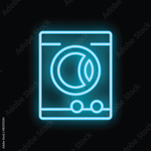 Blue glowing neon icon of a washing machine on a black background