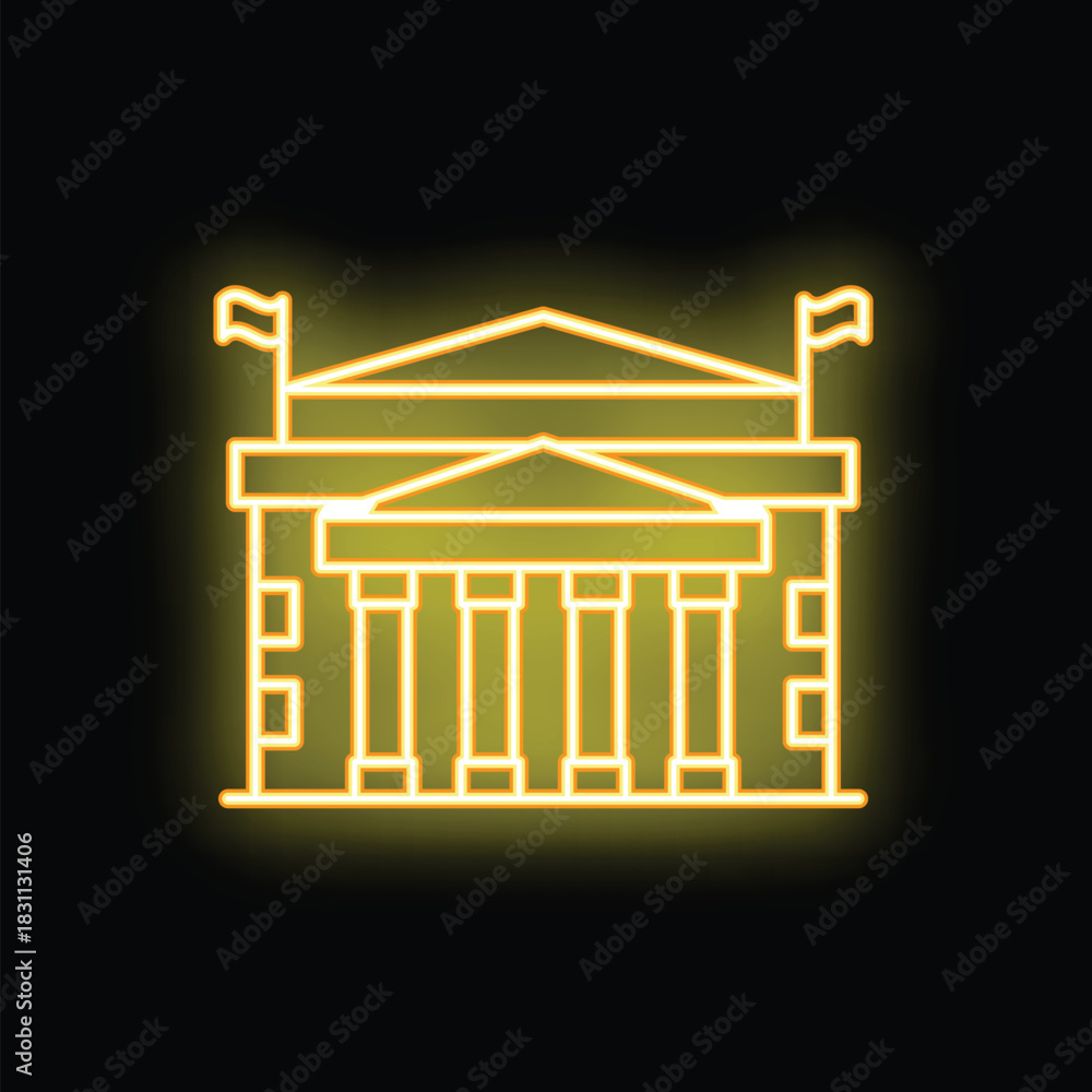 Obraz premium Simple minimalist glowing yellow neon style icon graphic design representing a museum building with flags, columns and a big roof
